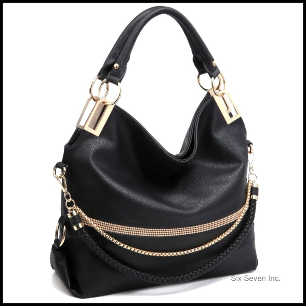 Large Hobo Tote Vegan Leather Rhinestone Accents Chic Shoulder Handbag Purse